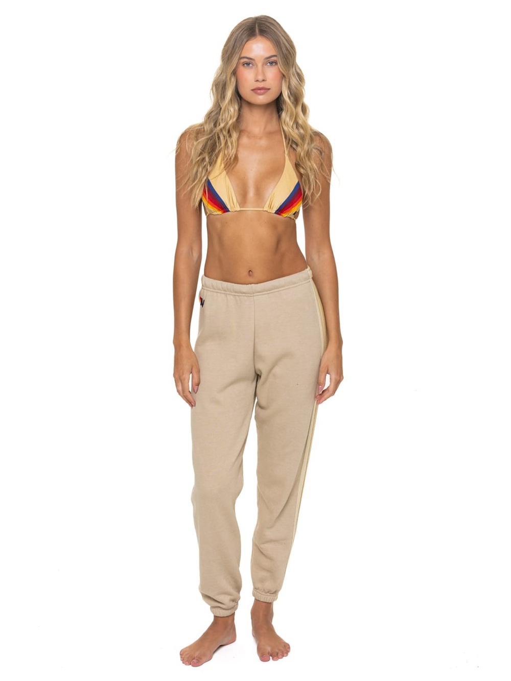 Aviator Nation 5 Stripe Sweatpants in a Sand Tan color - Picture 2 of 7